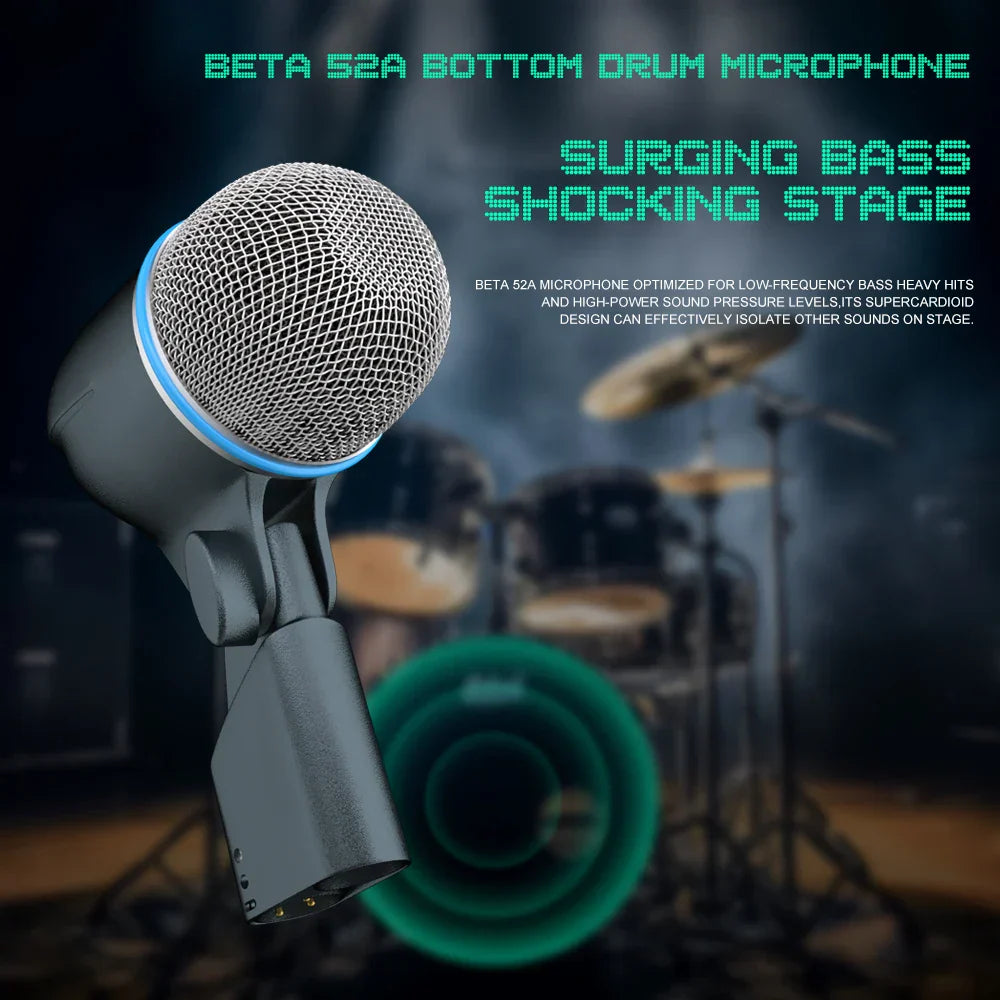 Gray beta 52a drum microphone with silver hardened steel mesh grille, blue accent ring, and integral xlr connector