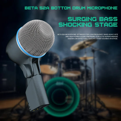 Gray beta 52a drum microphone with silver hardened steel mesh grille, blue accent ring, and integral xlr connector