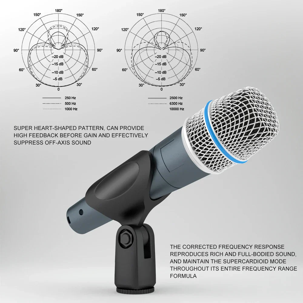 Beta 57a kick drum microphone with black and blue steel mesh grille and super cardioid dynamic pickup pattern