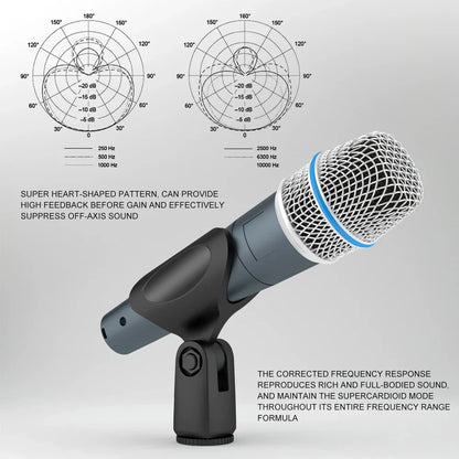Beta 57a kick drum microphone with black and blue steel mesh grille and super cardioid dynamic pickup pattern