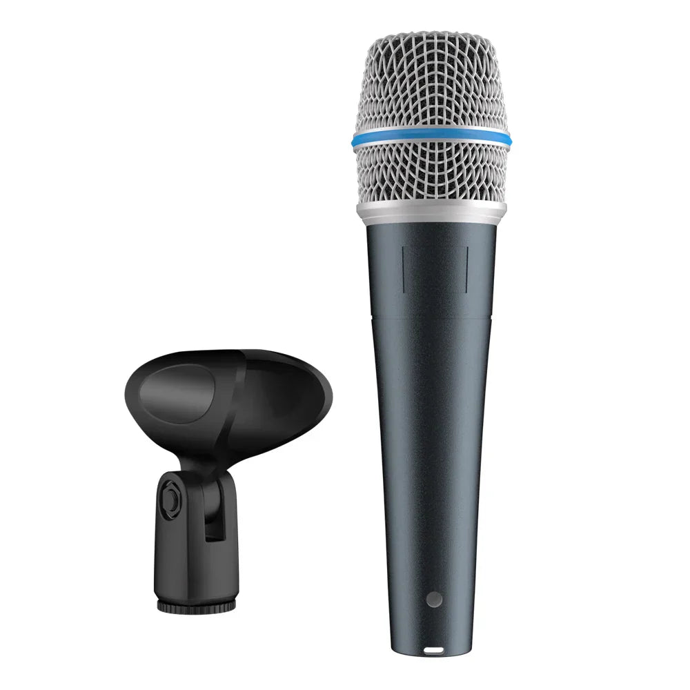 Black beta 57a kick drum microphone with silver steel mesh grille and blue accent band featuring super cardioid dynamic design
