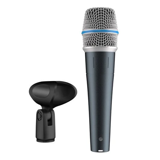 Black beta 57a kick drum microphone with silver steel mesh grille and blue accent band featuring super cardioid dynamic design