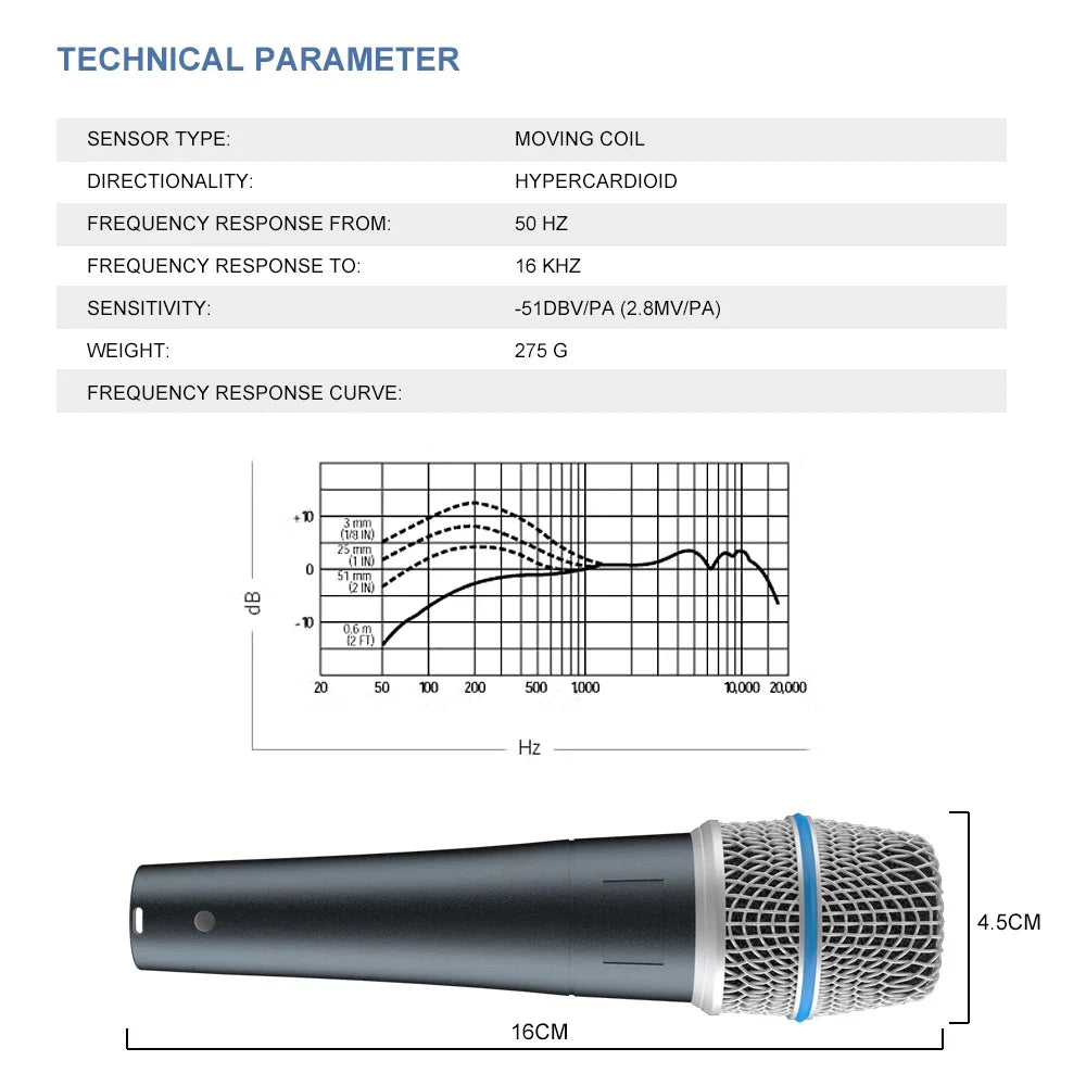 Black beta 57a kick drum microphone with silver steel mesh grille blue accent band and super cardioid dynamic sensor