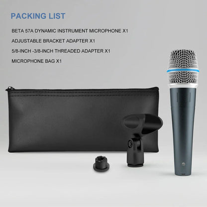 Black beta 57a kick drum microphone with silver steel mesh grille and blue accent ring super cardioid dynamic design
