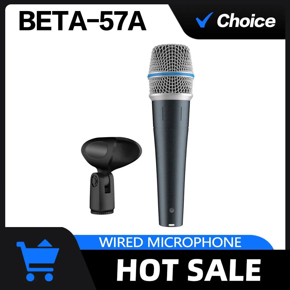 Black beta 57a kick drum microphone with silver steel mesh grille blue accent band super cardioid dynamic design