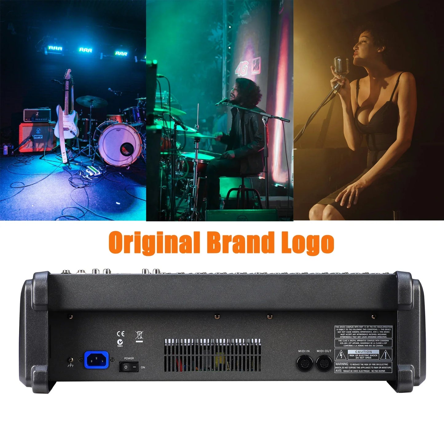 Black betagear audio mixer back panel with multiple input output ports and ventilation grilles for professional use
