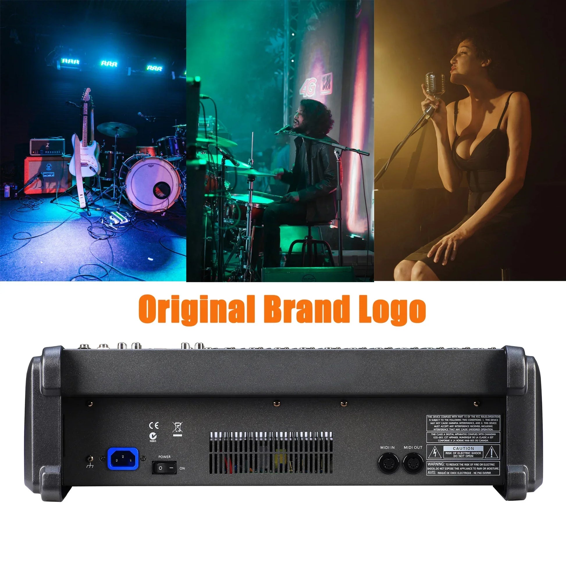 Black betagear audio mixer back panel with multiple input output ports and ventilation grilles for professional use