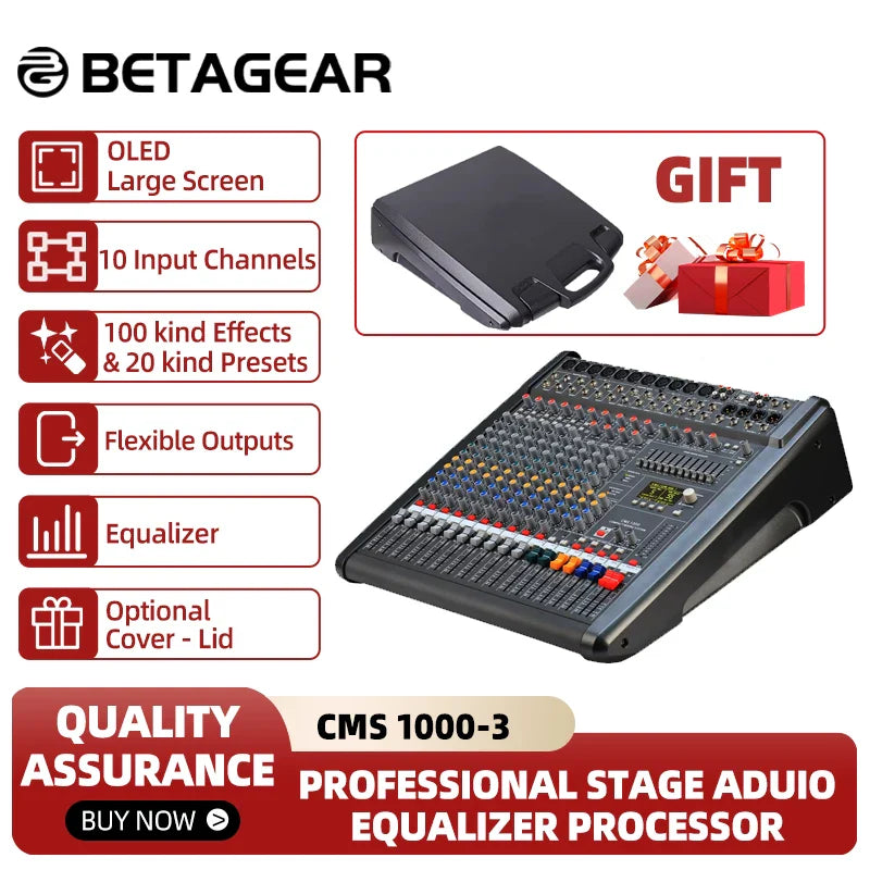 Black betagear audio mixer cms1000-3 digital dj table with colorful control knobs and sleek angled design for professional use