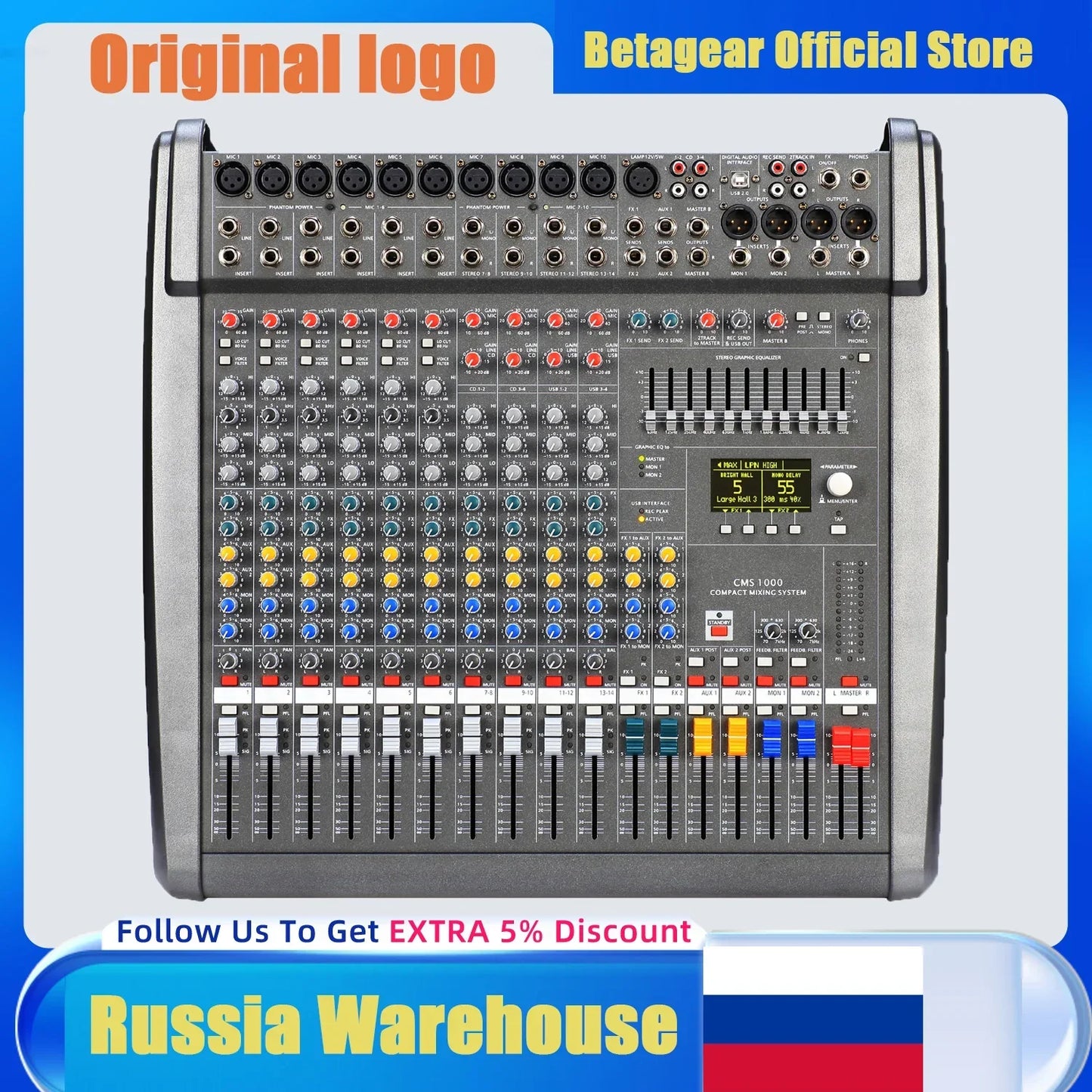 Gray metal betagear audio mixer cms1000 compact digital dj table mixing desk professional with colored knobs and faders