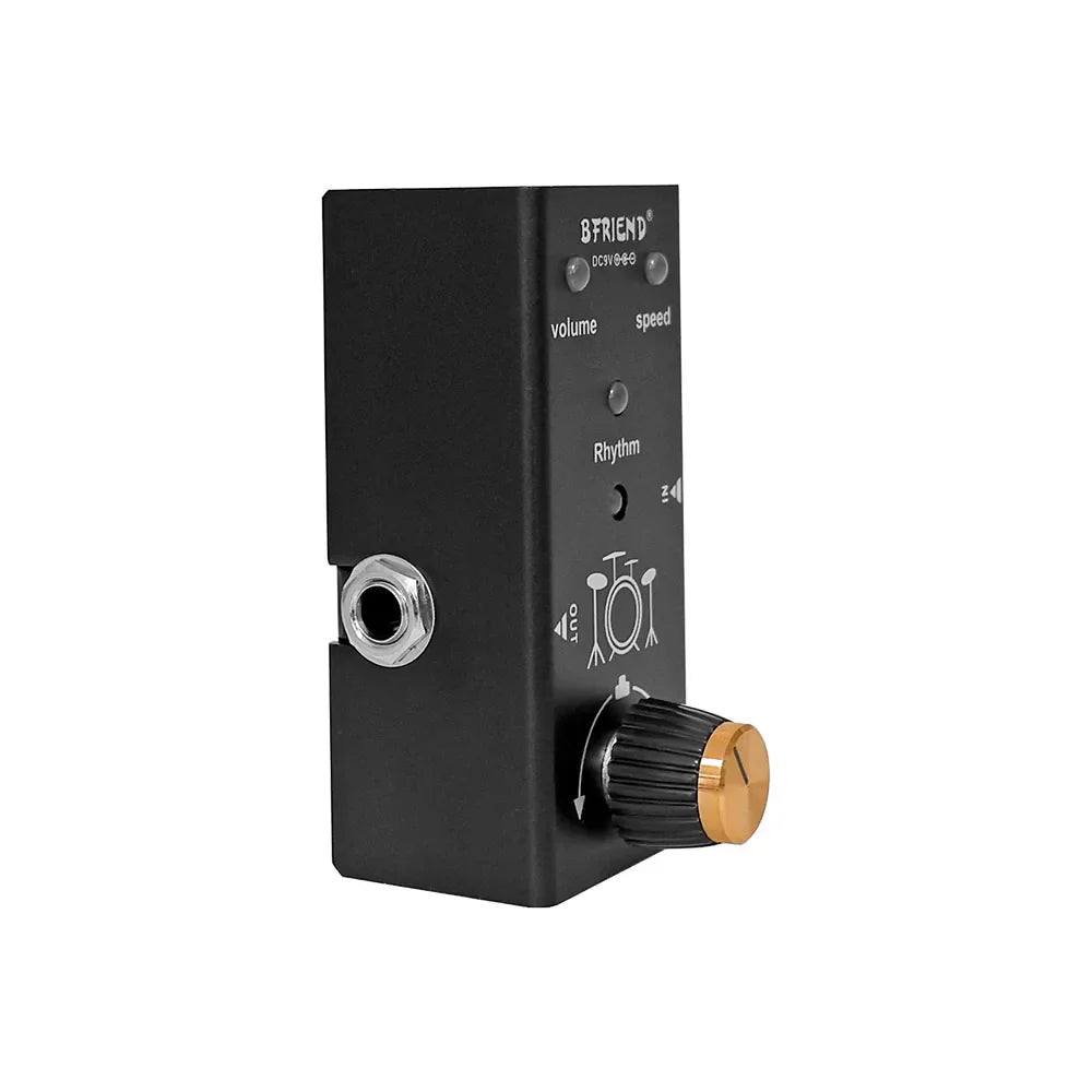Black bfriend dcv-06g drum machine accompaniment guitar effects pedal with gold knob and silver input jack for electric guitar acoustic classical guitar musical use