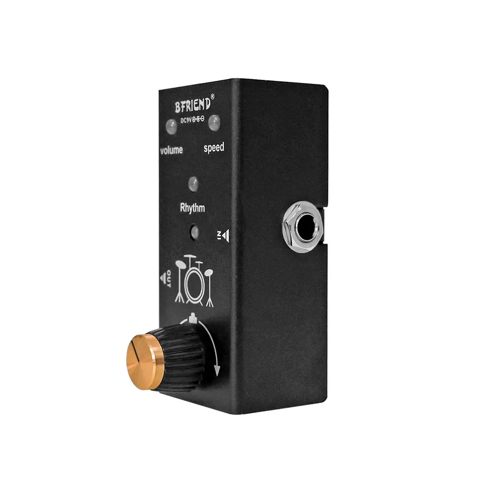 Black bfriend drum machine accompaniment effecter pedal with gold knob and silver jack for electric guitar acoustic use