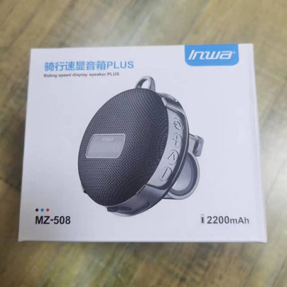 Black mesh-textured bicycle portable bluetooth speaker plus silver accents with carrying loop wireless mini subwoofer column