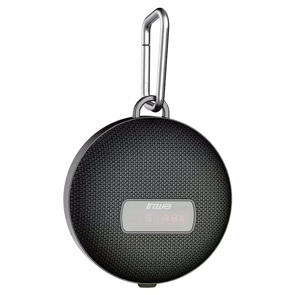 Black bicycle portable bluetooth wireless mini subwoofer column with textured grille silver carabiner and battery display
