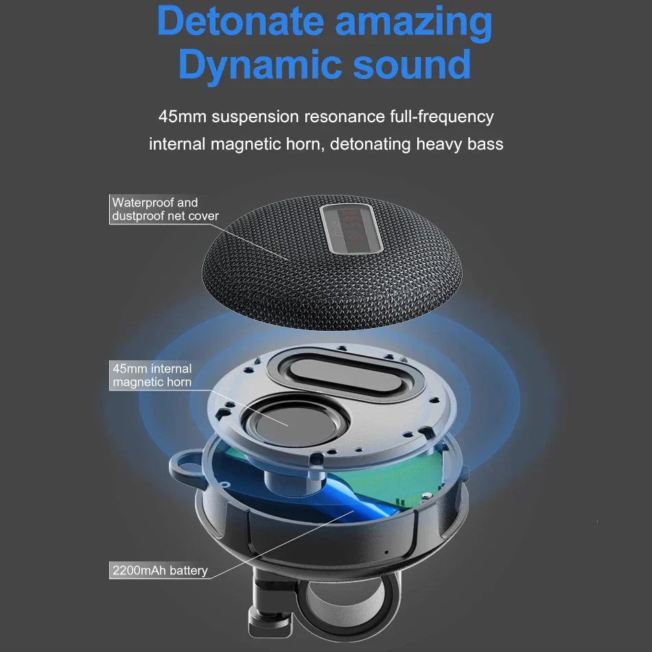 Black textured bicycle portable bluetooth wireless mini subwoofer column with 45mm magnetic horn and 2200mah battery