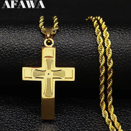 Gold-toned stainless steel big cross jesus pendant with textured details on male long chain cordao masculino n1172s02