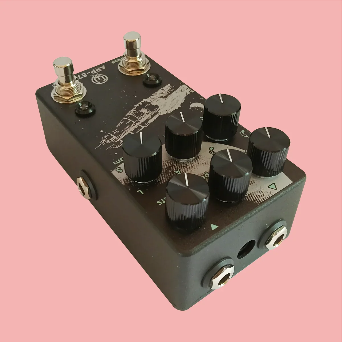 Black metal big man guitar pedal clone arp-87 multi-function delay pedal with distressed white design and six black knobs for timing speed measurement