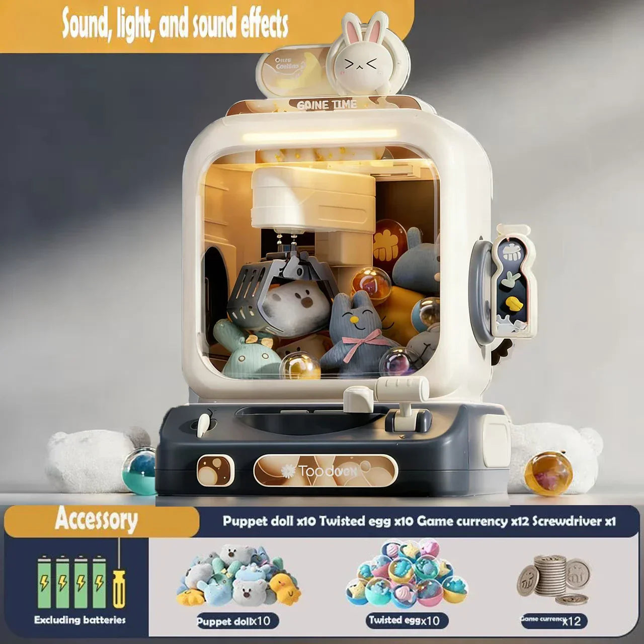 White and gray diy doll machine with cute rabbit face and illuminated lights kids coin operated mini claw catch toy