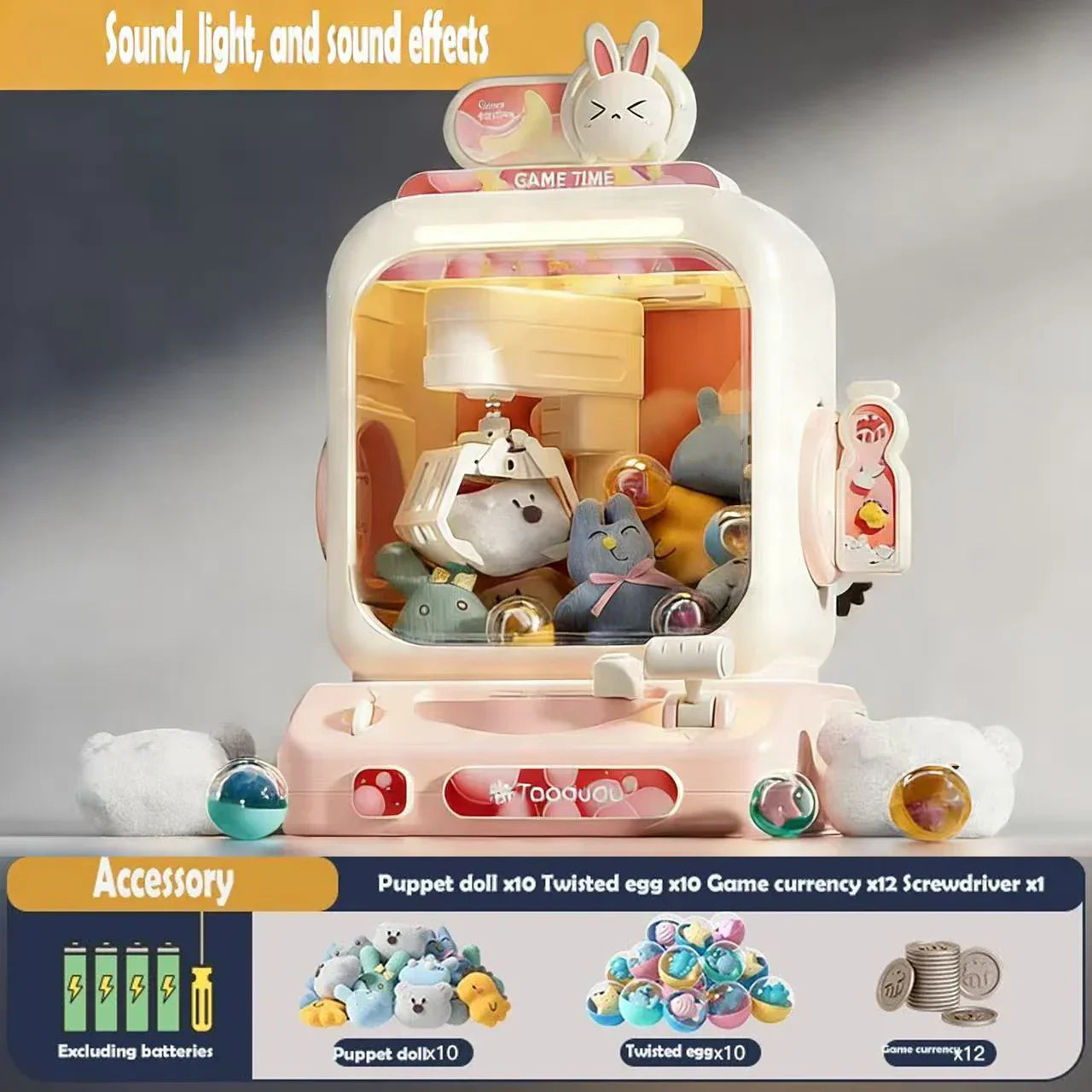 Big size diy doll machine in white and pink with a rabbit face featuring colorful plush toys inside for kids coin operated mini claw catch play