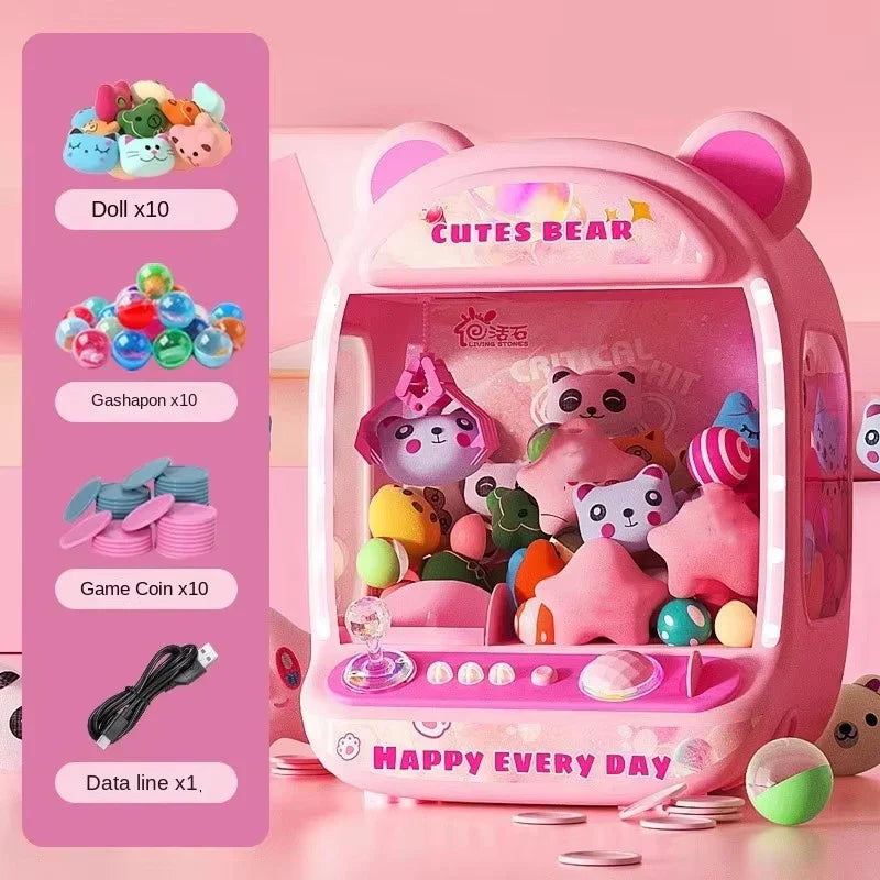 Pink bear-shaped diy doll machine filled with colorful plush toys and gashapon balls for kids coin operated play