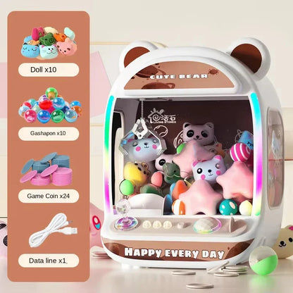 White bear-shaped diy doll machine filled with colorful plush toys and gashapon balls for kids coin operated play
