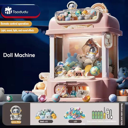 Pink plastic diy doll machine with kids coin operated mini claw catch feature containing astronaut plush toys and glass balls