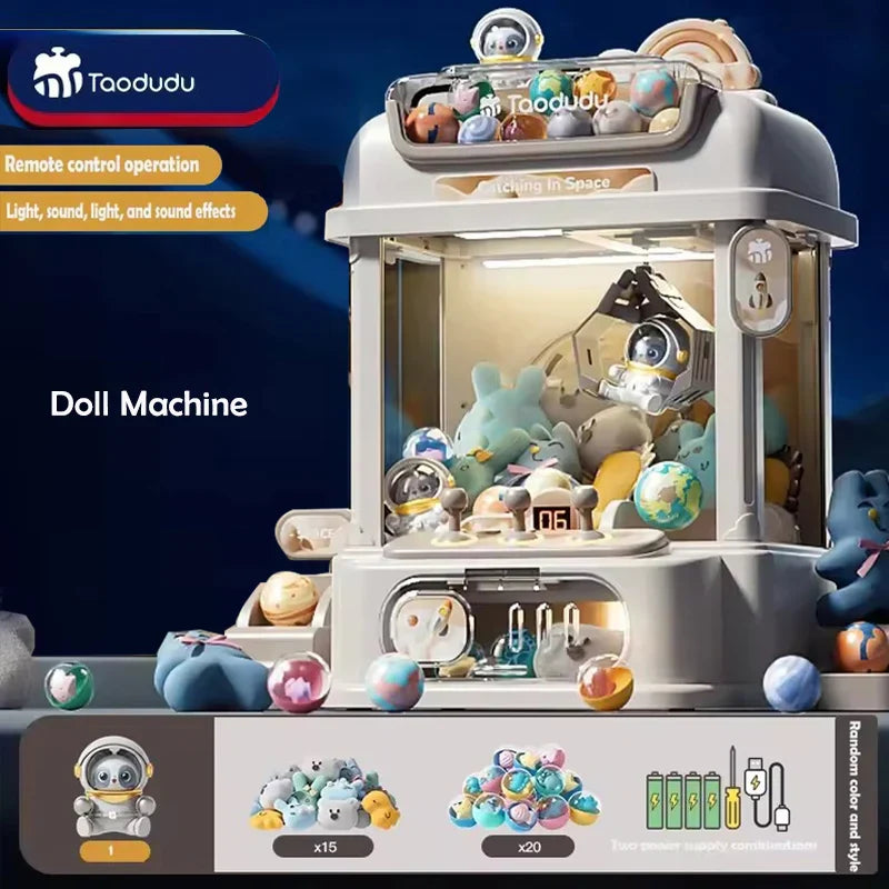 White and gray taodudu living in space diy doll machine with kids coin operated mini claw catch and astronaut plush toys