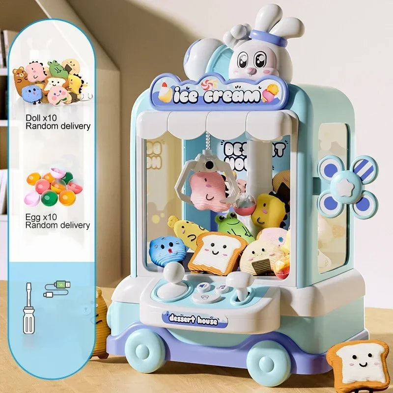 Light blue and white plastic diy doll machine with cartoon rabbit for kids coin operated mini claw catch game