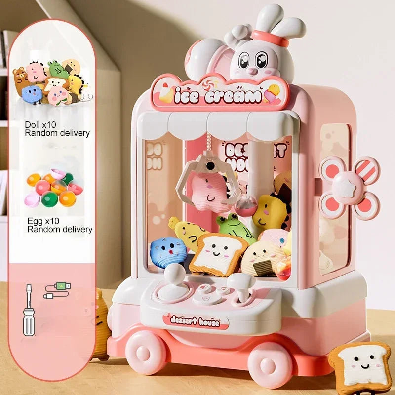 Pink and white diy doll machine shaped like an ice cream house with bunny mascot kids coin operated mini claw catch toy