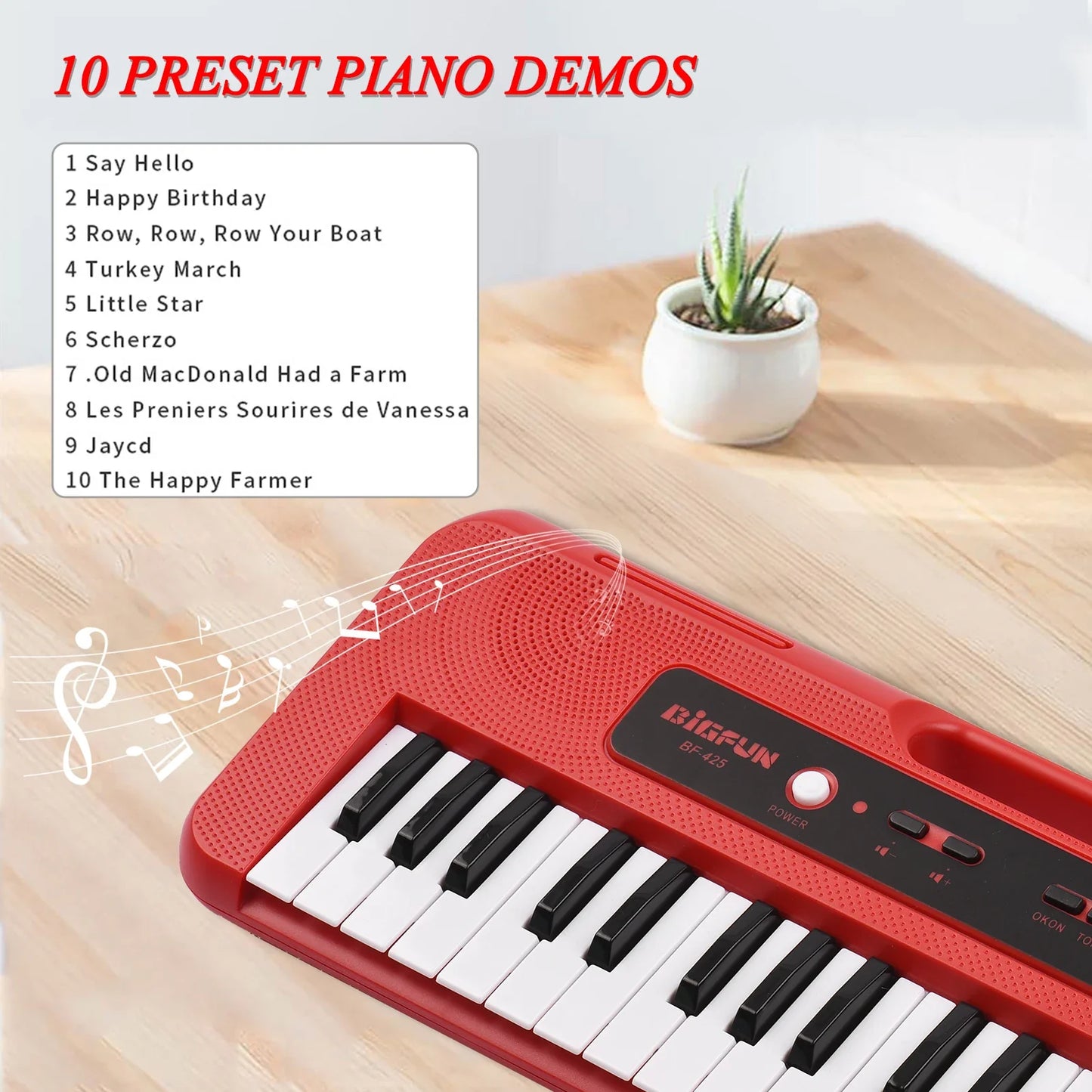 Red plastic children electronic piano with black white keys bigrun logo mini microphone preset demos supports recording