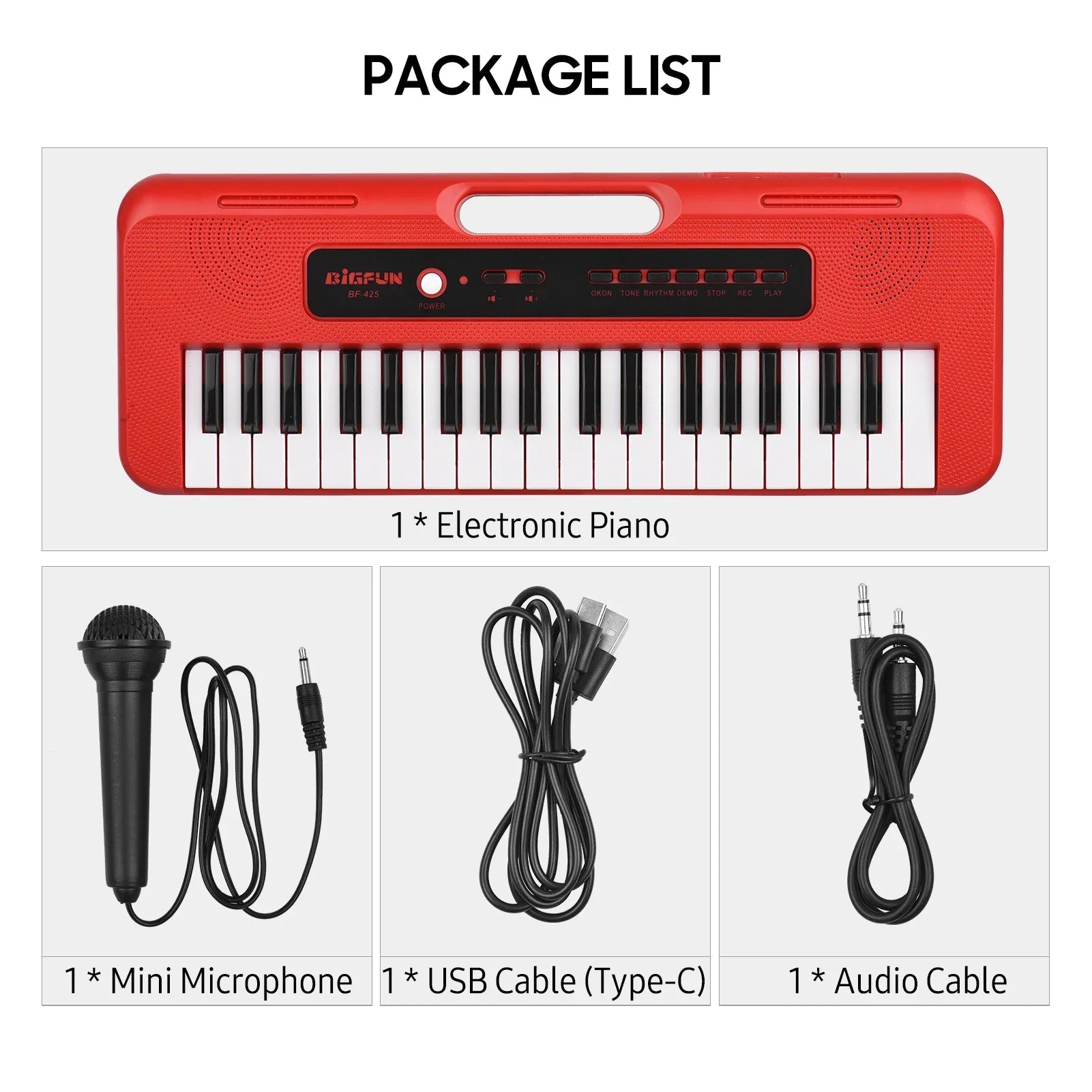 Red bigfun children electronic piano with 37 keys mini microphone preset and demos supports recording feature