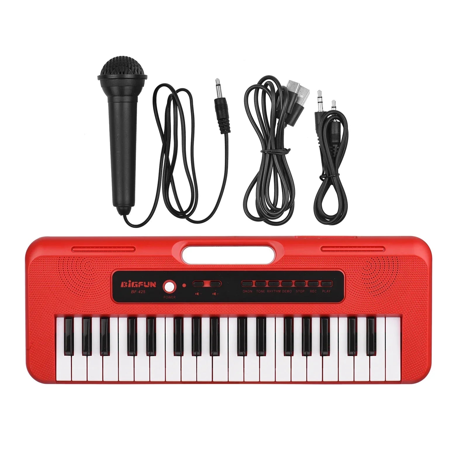 Red bigfun 37 key children electronic piano with black white keys mini microphone preset and demos supports recording