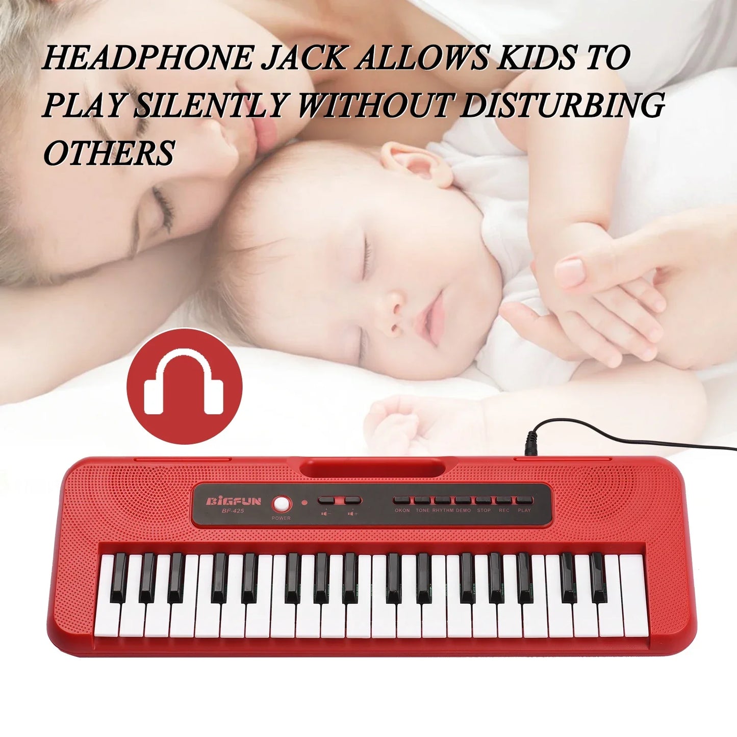 Red bigfun rp-425 children electronic piano with black and white keys mini microphone preset demos supports recording