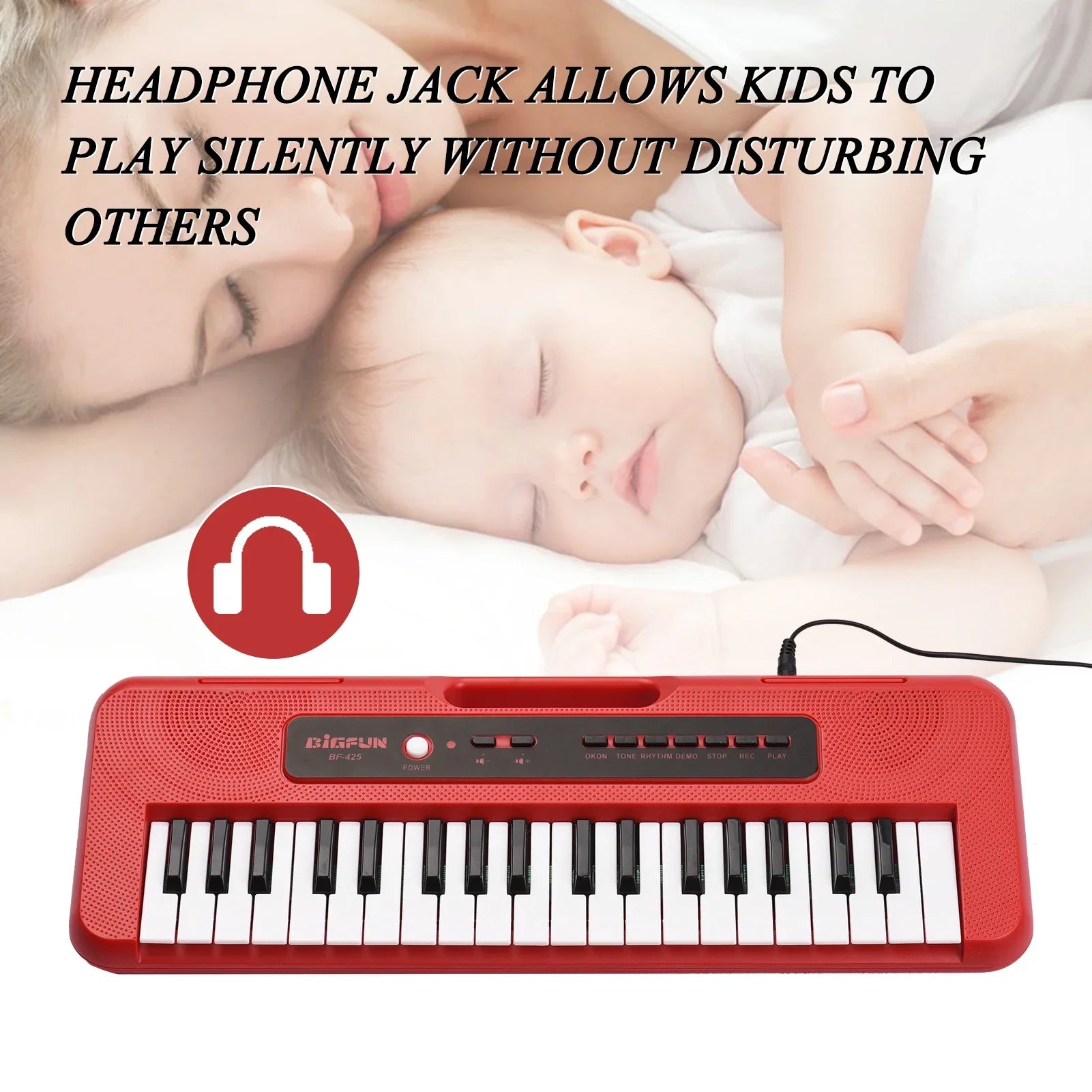 Red bigfun rp-425 children electronic piano with black and white keys mini microphone preset demos supports recording