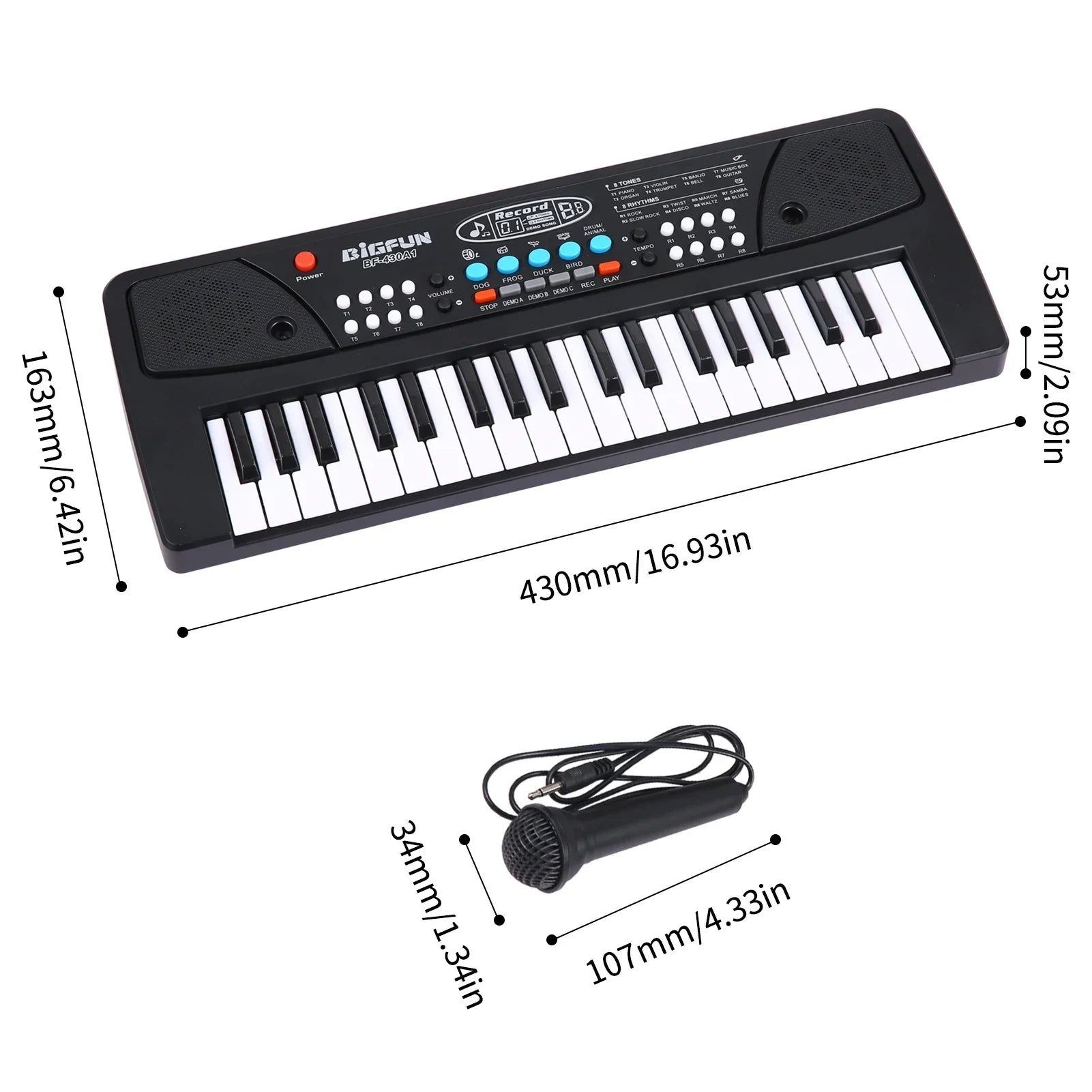 Black plastic bigfun electronic organ keyboard with 37 keys white and black keys built-in speaker and control buttons