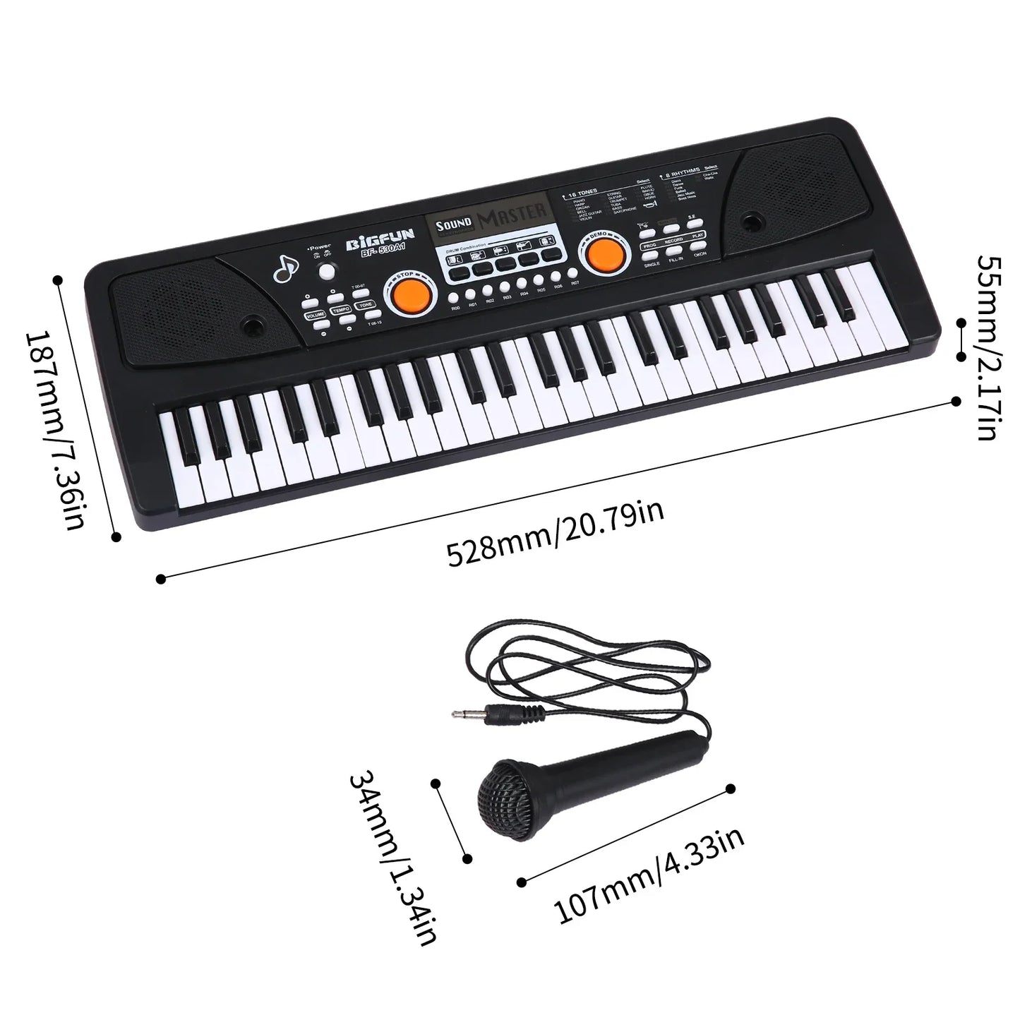 Black and white electronic organ keyboard piano digital with 37 keys, orange buttons labeled biggun for digital music use