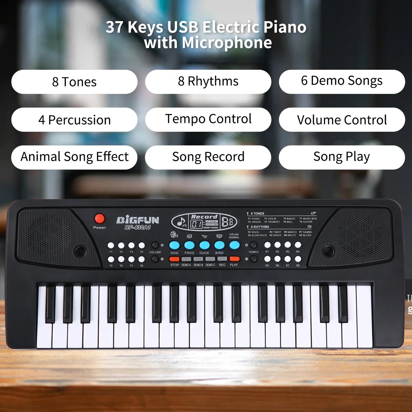 Black Bigfun bf-8021 37-key USB electronic organ keyboard with microphone for piano digital music use