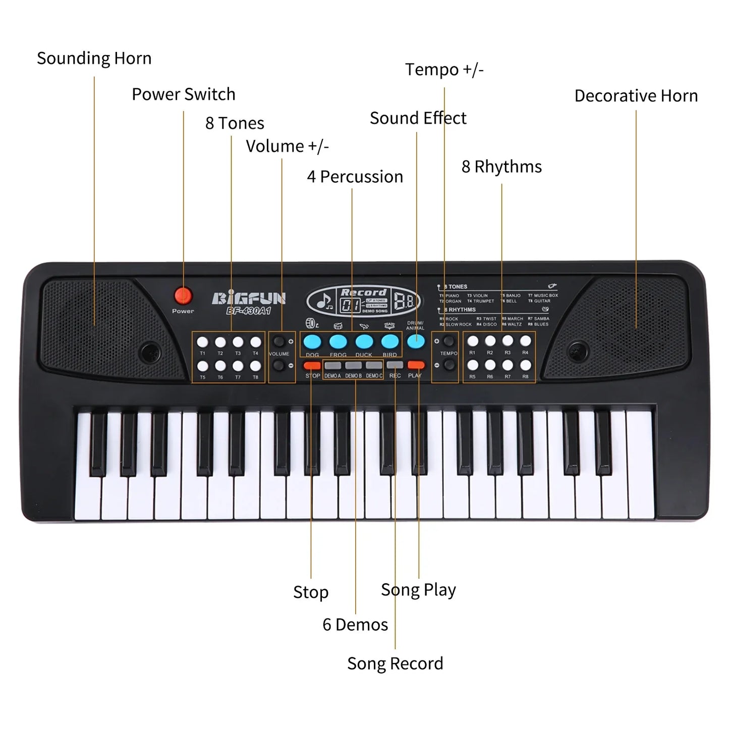 Black plastic bigfun bf-3014 electronic organ keyboard with white and black keys for piano digital music use