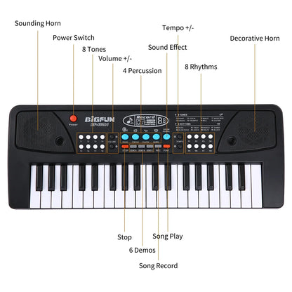 Black plastic bigfun bf-3014 electronic organ keyboard with white and black keys for piano digital music use