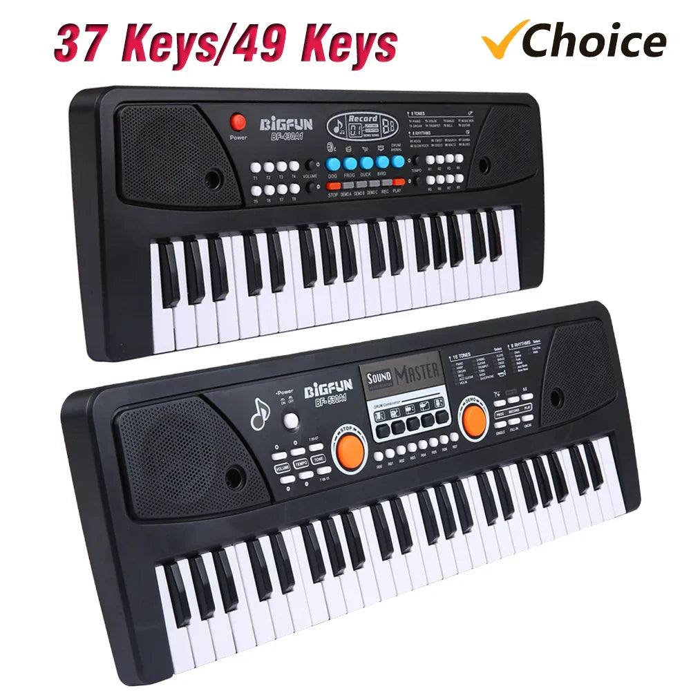 Black and white bigfun electronic organ keyboard piano digital music with colorful control buttons and 37 or 49 keys