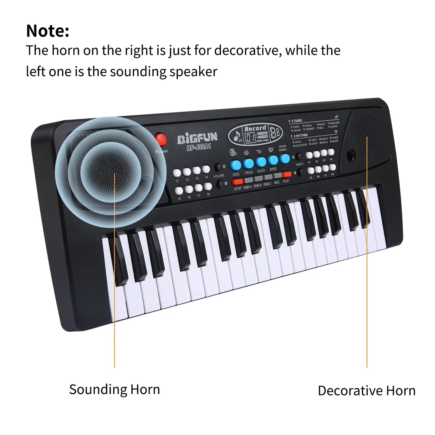 Black and white bigfun bf-3021 electronic organ keyboard with speaker and horn for piano digital music use