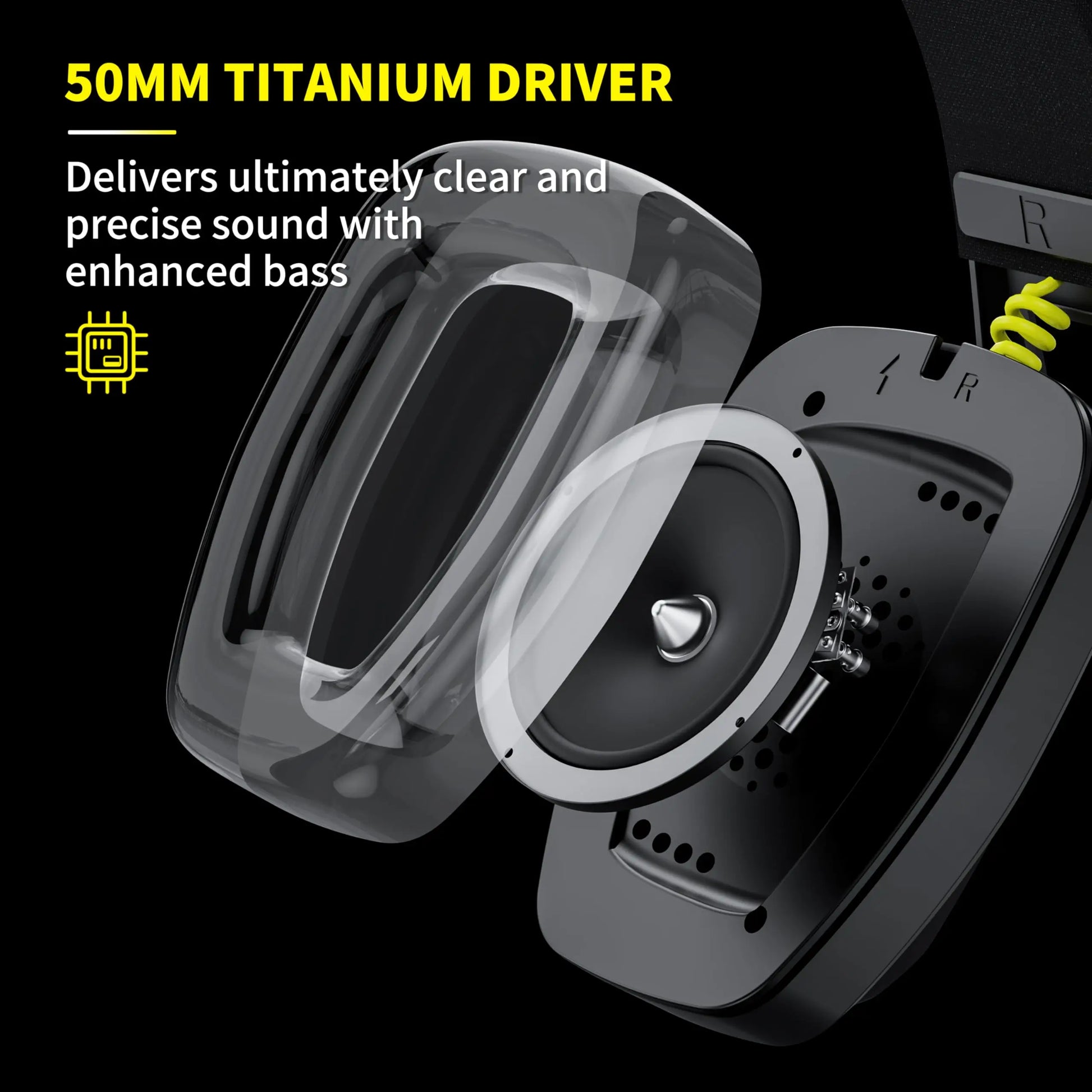 50mm titanium driver component of binnune wireless gaming headset with sleek black and transparent design for playstation bluetooth gaming