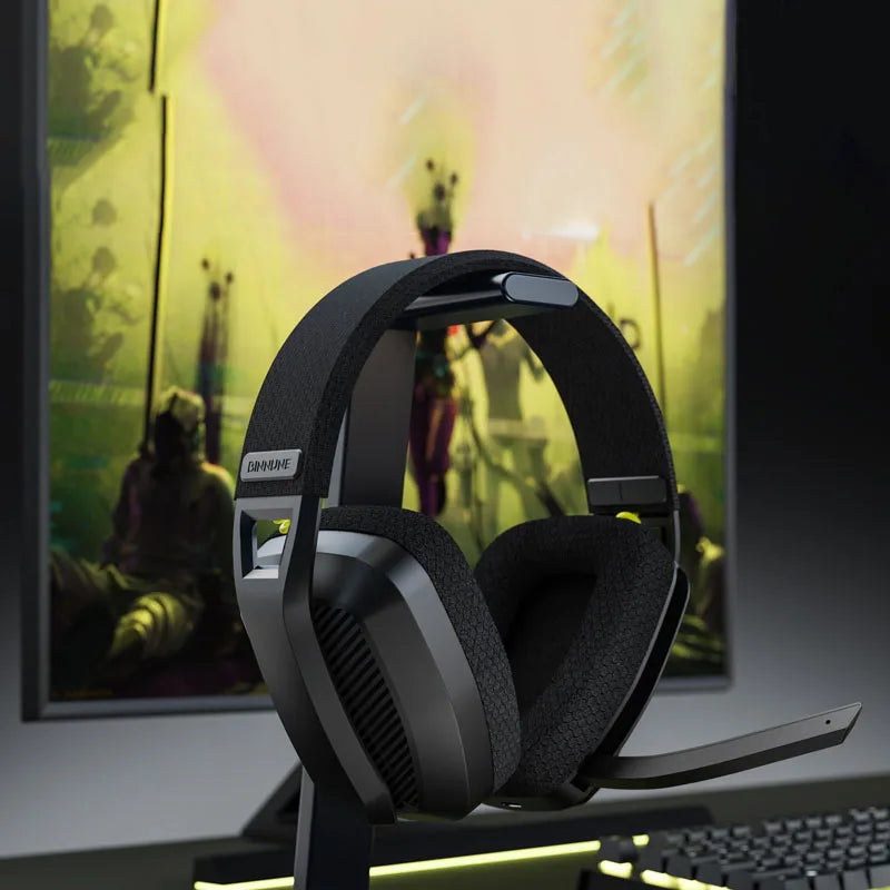Black and gray binnune wireless gaming headset with textured earcups and microphone for playstation bluetooth gaming