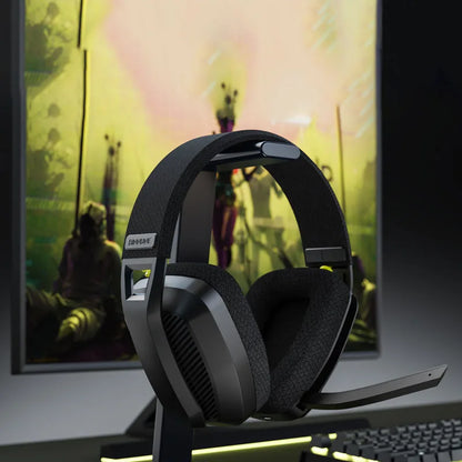 Black and gray binnune wireless gaming headset with textured earcups and microphone for playstation bluetooth gaming