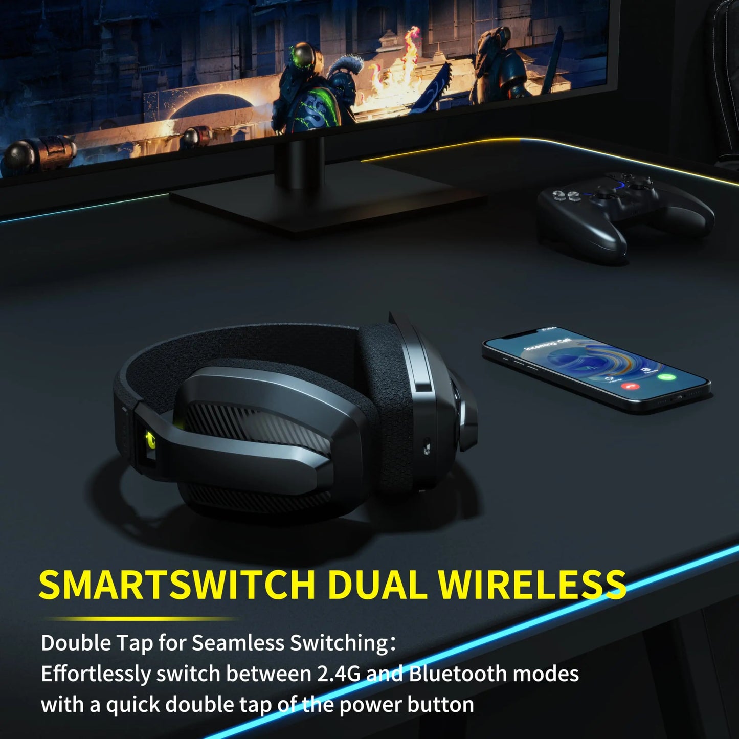 Black and silver binnune wireless gaming headset with textured earcups and illuminated power button for playstation bluetooth gaming