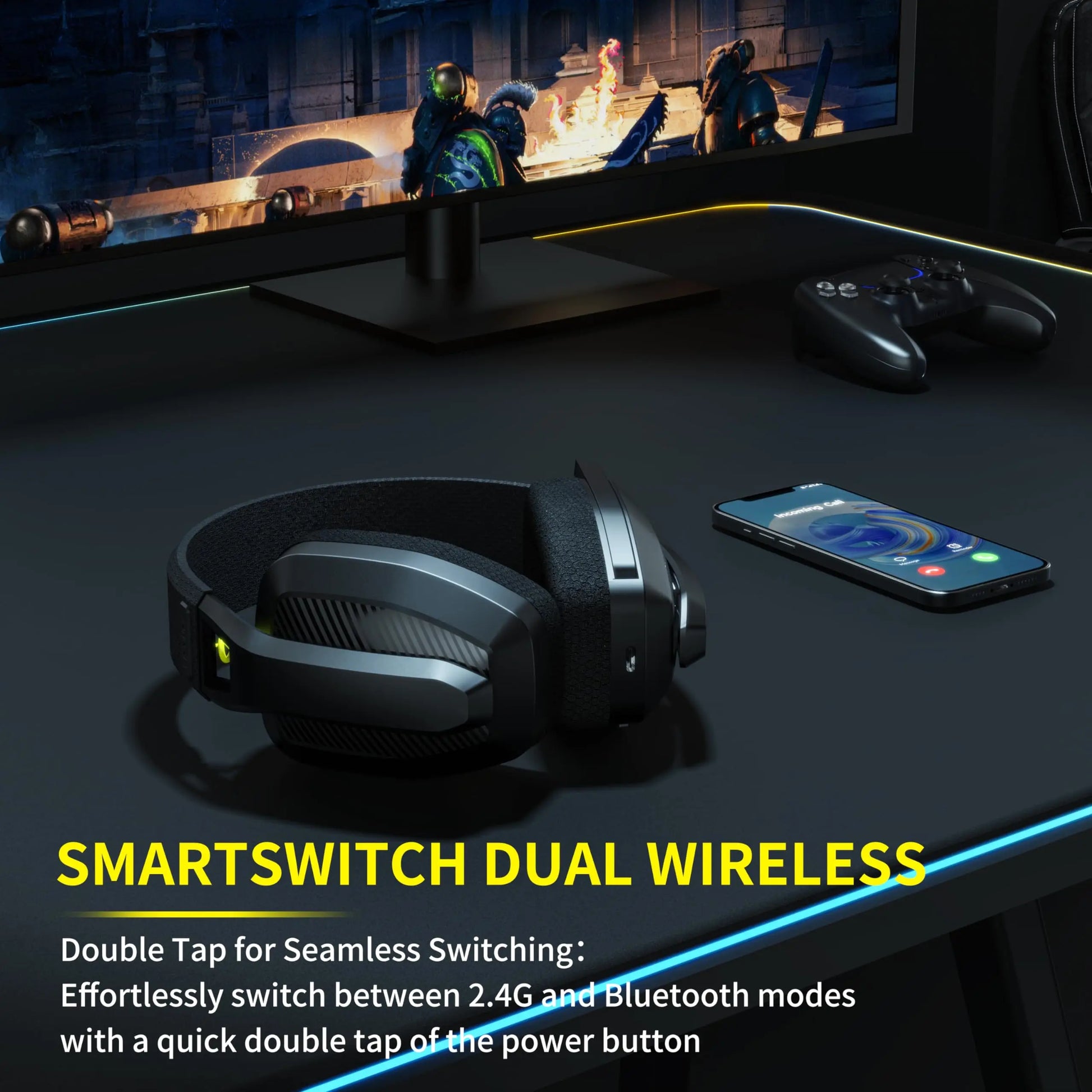 Black and silver binnune wireless gaming headset with textured earcups and illuminated power button for playstation bluetooth gaming