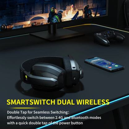 Black and silver binnune wireless gaming headset with textured earcups and illuminated power button for playstation bluetooth gaming