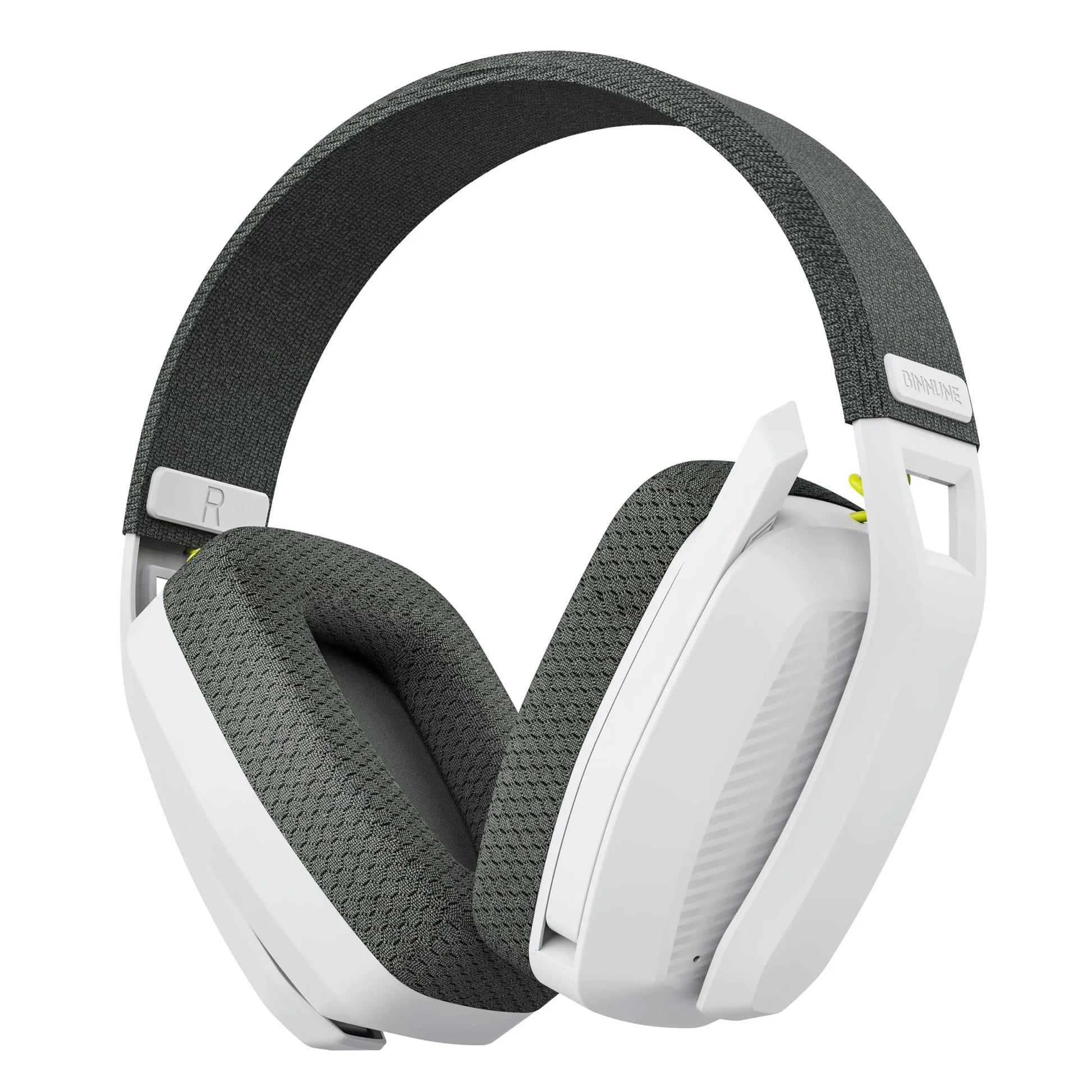 White and dark gray binnune 2.4ghz wireless gaming headset with textured fabric and lime green accents for playstation bluetooth gaming