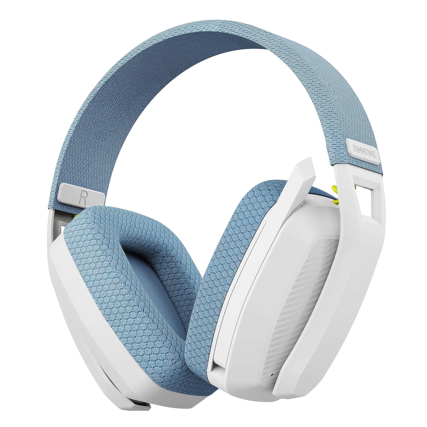 Blue and white binnune 2.4ghz wireless gaming headset with textured fabric and lime green accents for playstation bluetooth gaming