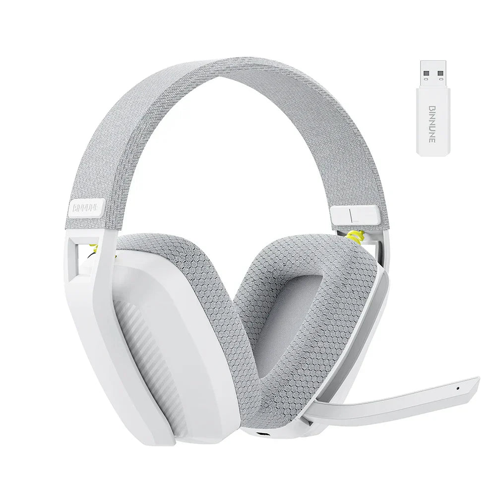 White and gray mesh-textured over-ear binnune wireless gaming headset with mic for playstation bluetooth gaming and pc use
