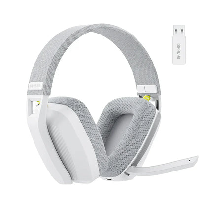 White and gray mesh-textured over-ear binnune wireless gaming headset with mic for playstation bluetooth gaming and pc use